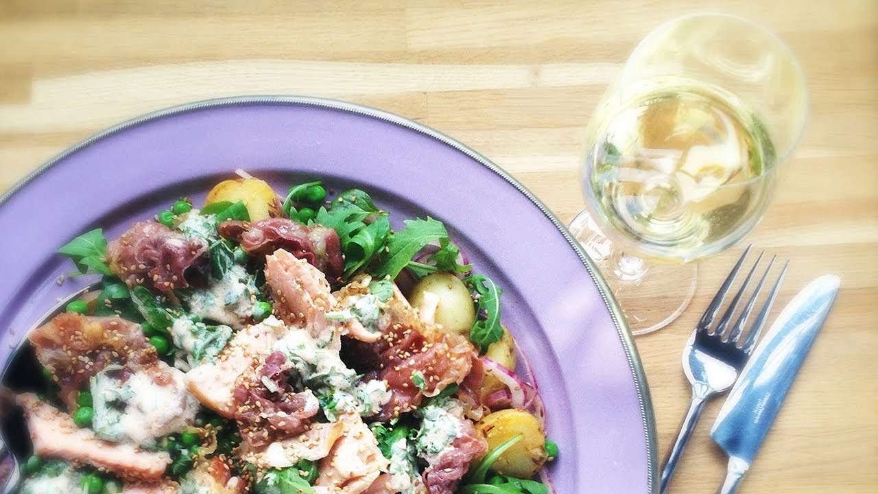 Spring salad with trout, new potatoes, crispy Parma Ham and a paprika and mint yoghurt dressing