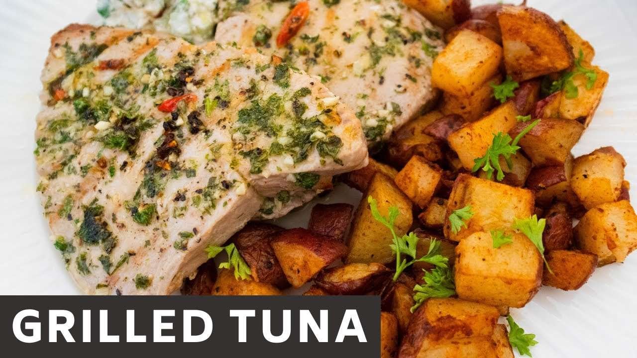 Grilled Tuna with Paprika Roasted Potatoes and Cucumber Coconut Chutney