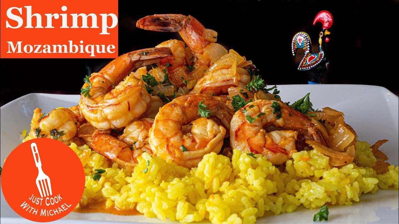 Shrimp Mozambique Portuguese spicy shrimp with saffron rice