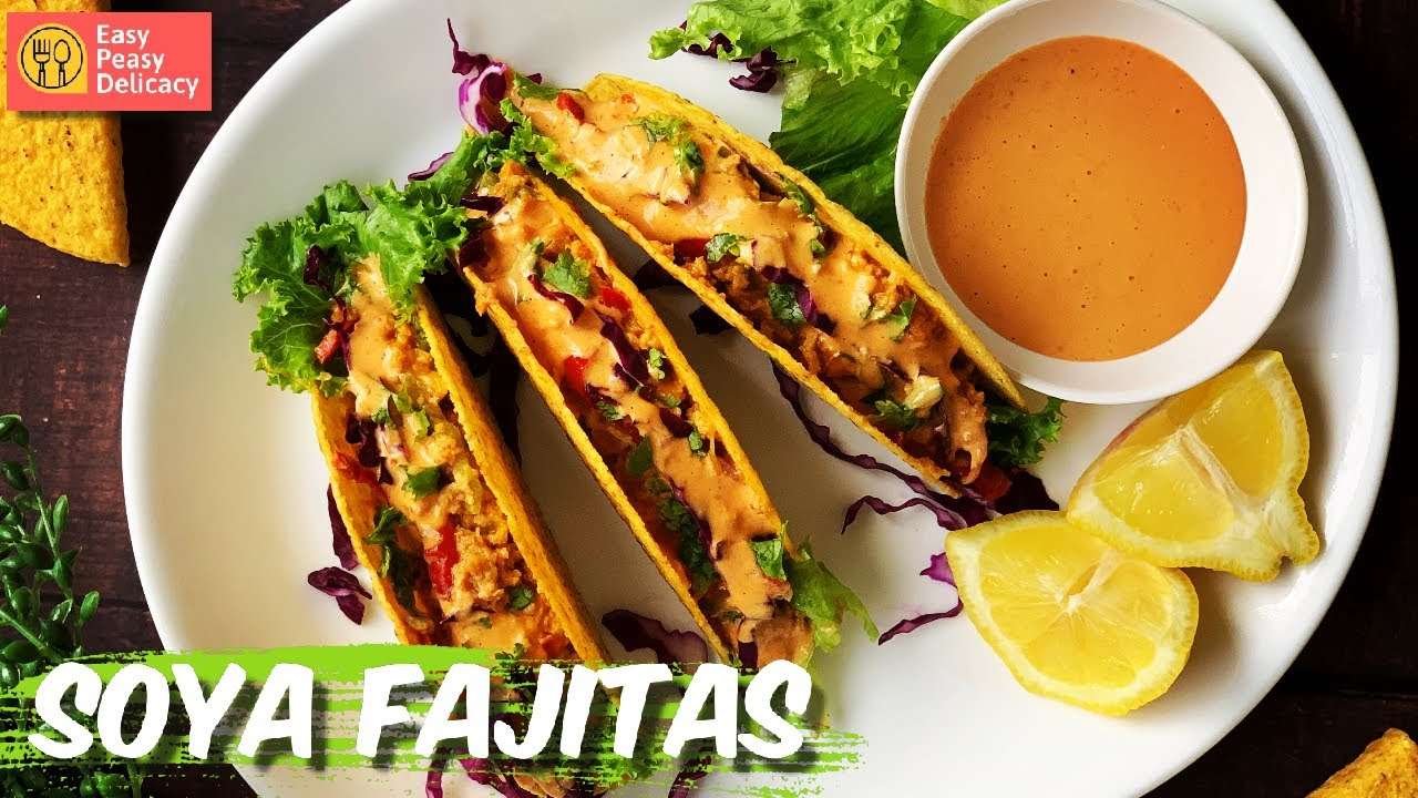 Soya Fajitas recipe with garlic chipotle sauce on hard tacos