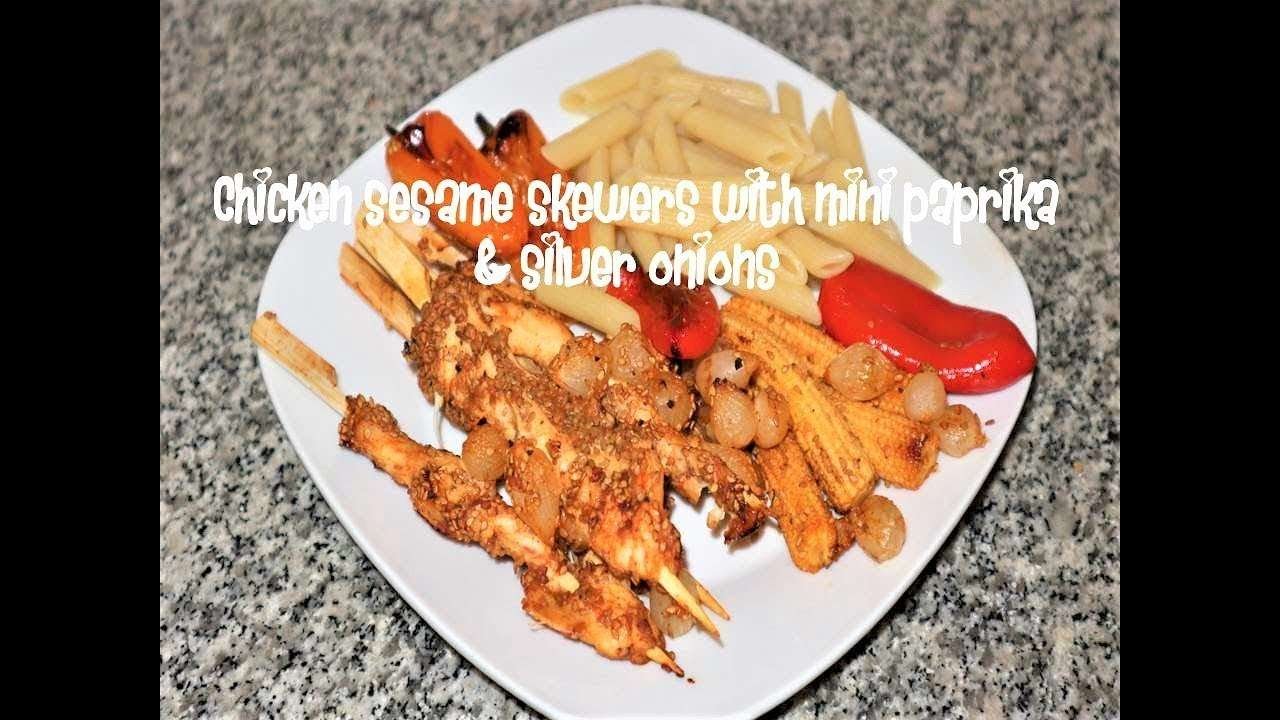 Chicken sesame skewers with mini paprika & silver onions recipe