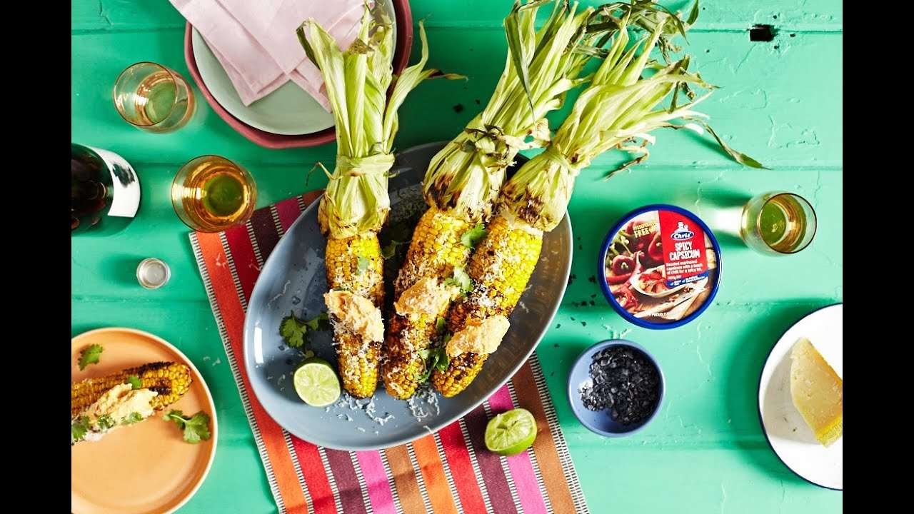 Whole Grilled Corn Cobs with Smokey Paprika Spiced Butter Rub and Whipped Spicy Capsicum
