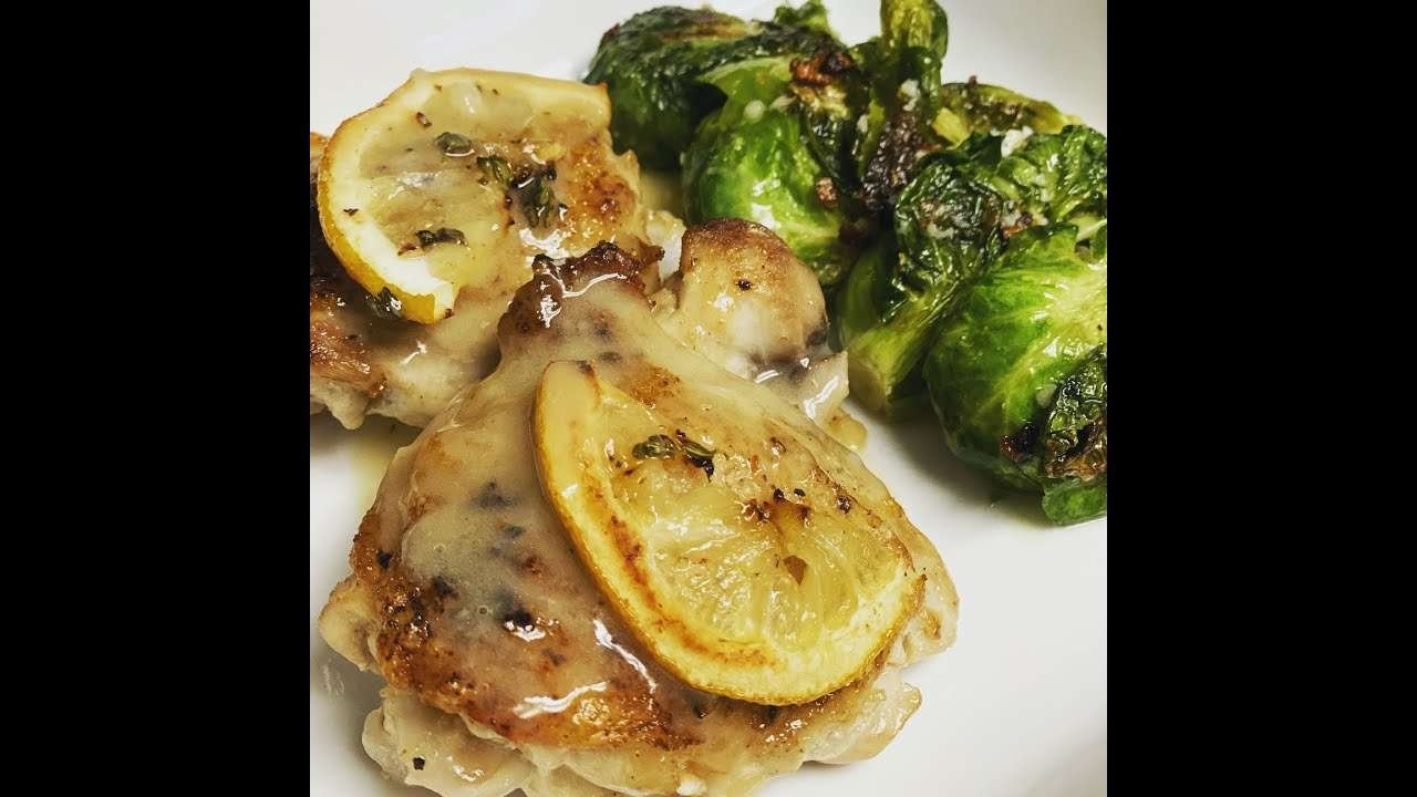 Lemon Pepper Chicken with Garlic Sauce and Roasted Brussel Sprouts