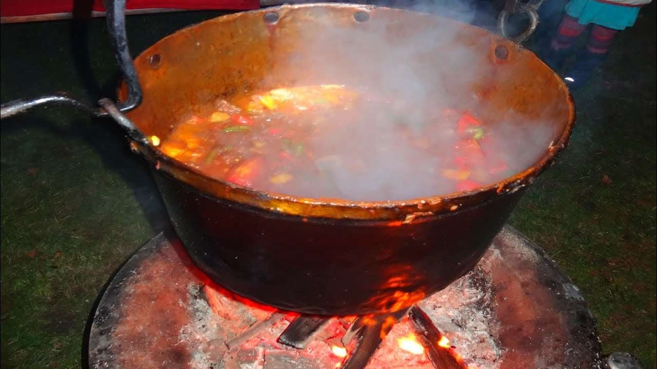 Hungarian Goulash with Recipe – open fire cooking in a big bowl
