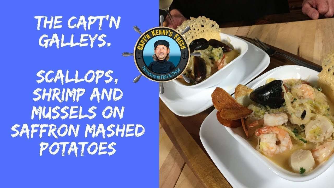 Scallops, Shrimp and Mussels on Saffron Mashed Potatoes and Parmesan Crisps.The Capt'n Galleys
