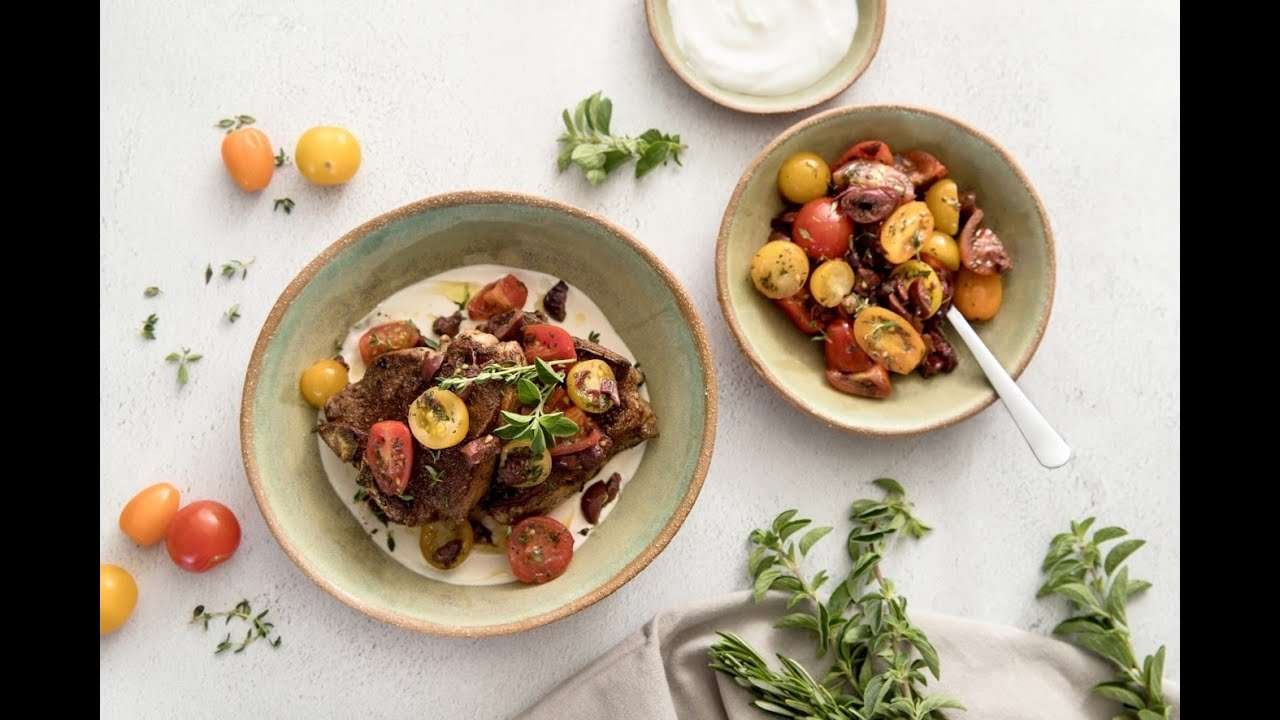 Seared Lamb Chops with Yoghurt-Tahini Sauce and Tomato-Olive Relish