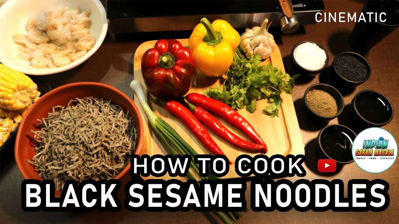 BLACK SESAME NOODLE // HOW TO COOK NOODLES WITH PRAWNS // TASTY RECIPE FROM;  INDIAN GARAM MASALA