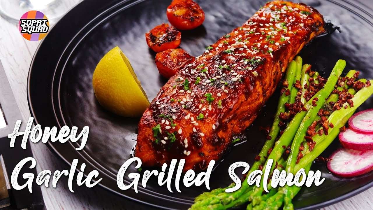 Honey Garlic Grilled Salmon | Juicy Grilled Salmon with Garlic & Asparagus in Honey Barbecue Glaze