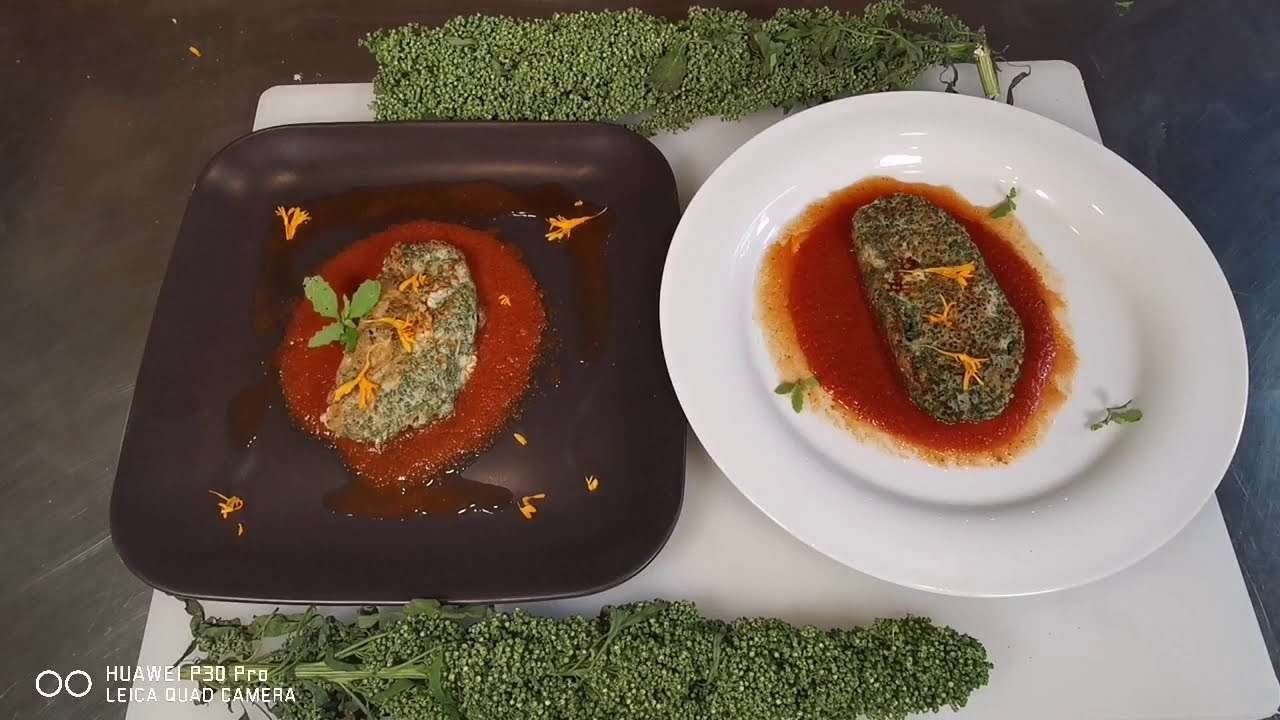 Huauzontle Patties, wrapped in egg, stuffed with cheese & served with Tomato Chili broth, vegeterian