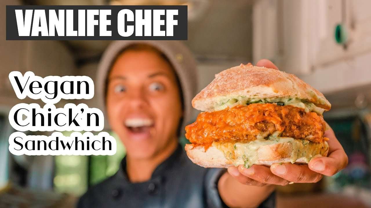 Ultimate VEGAN Buffalo CHICKEN Sandwich RECIPE | cooking in a van | Ride and EAT