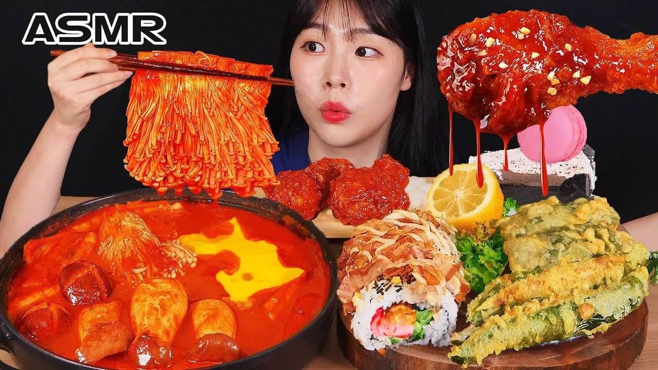 ASMR MUKBANG| 직접 만든 버섯 떡볶이 양념치킨 김밥 & 디저트 먹방 & 레시피 FRIED CHICKEN AND Tteokbokki EATING