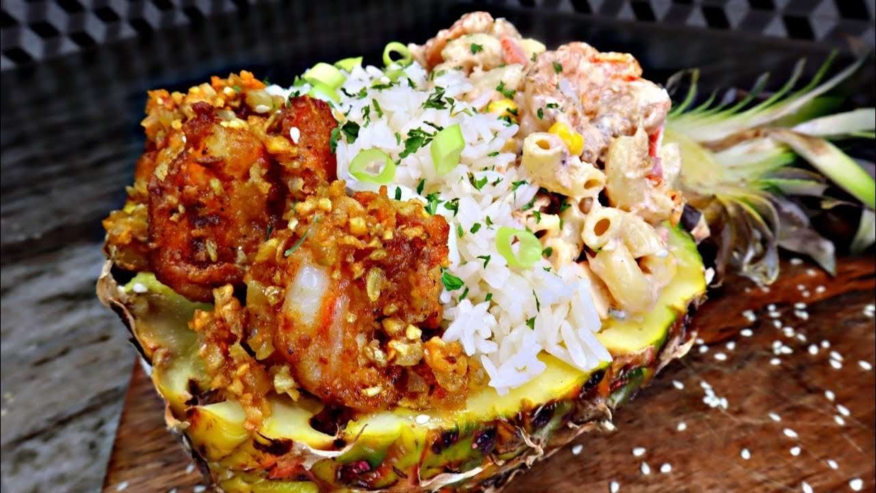 The BEST Pineapple Bowl, Hawaiian Garlic Shrimp with Seafood Salad | Seriously It's BOMB