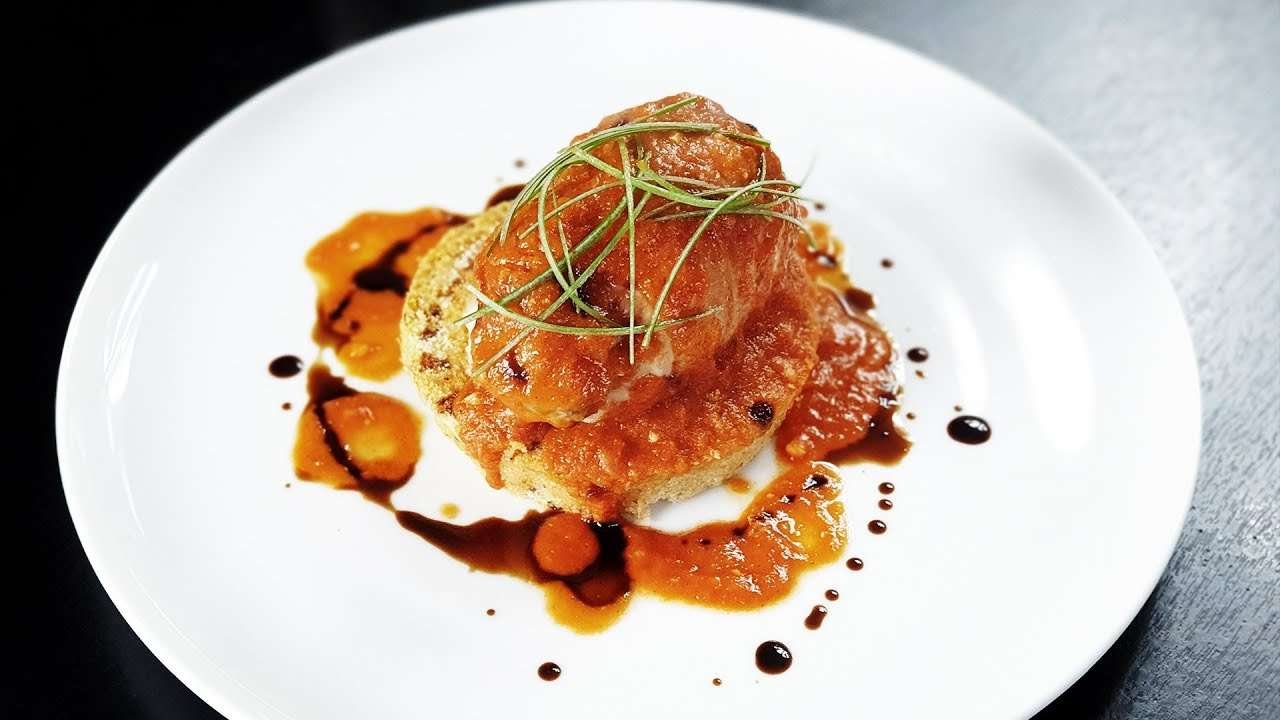 Rustic Potato Cake with Chicken Thigh and Vegetables Wrapped in Bacon