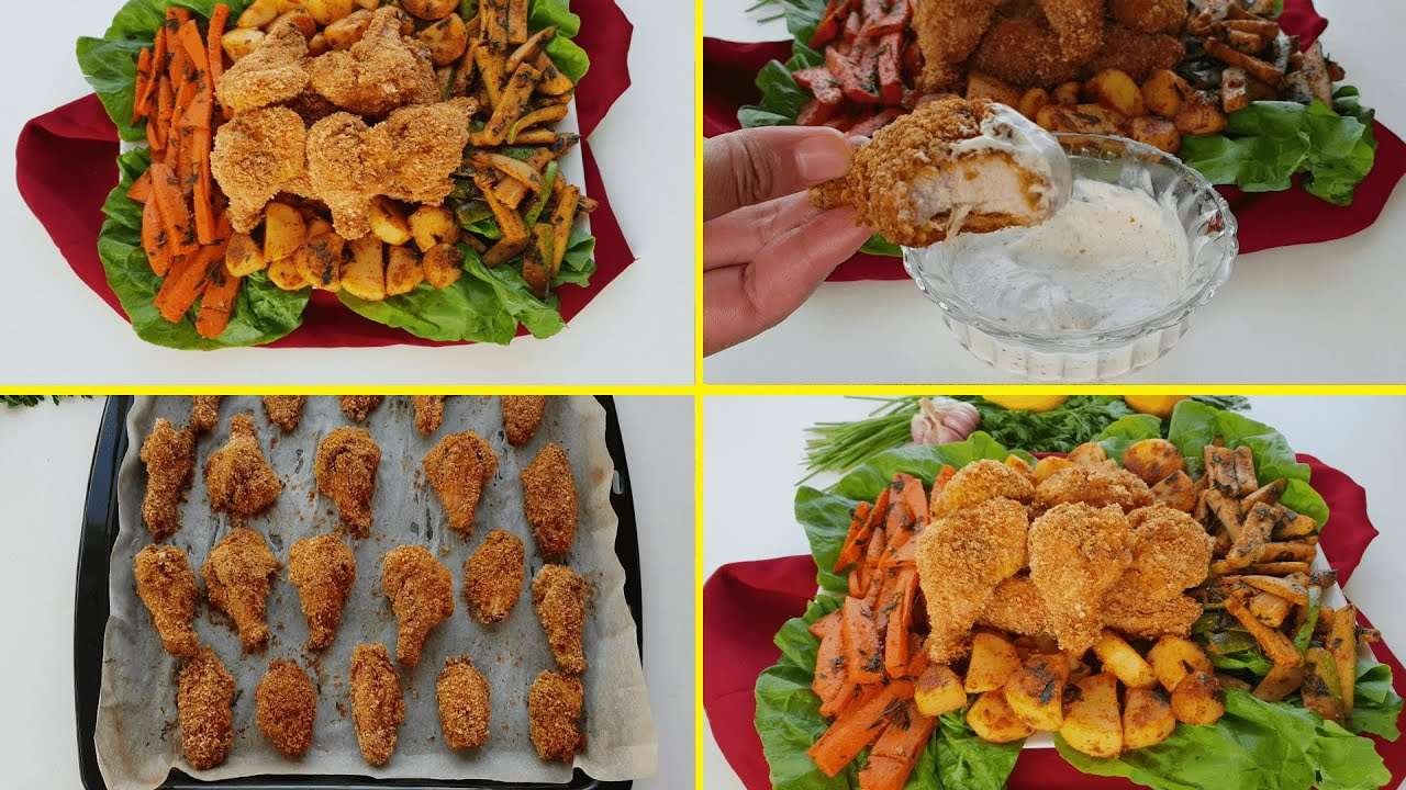 Healthy and crispy baked chicken wings with sauteed vegetables