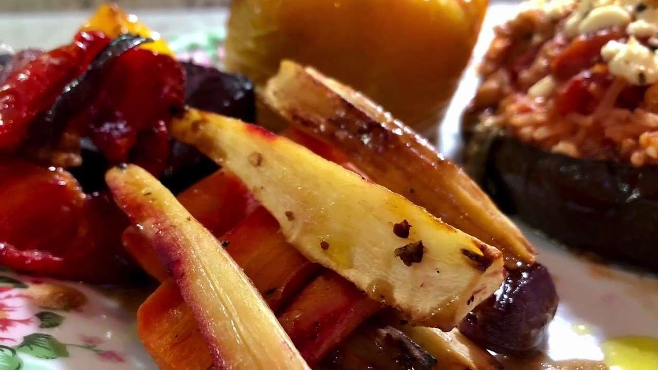 The Best Stuffed Pepper and Aubergine Recipe with Spanish Style Sauce and Feta Served with Roast Veg