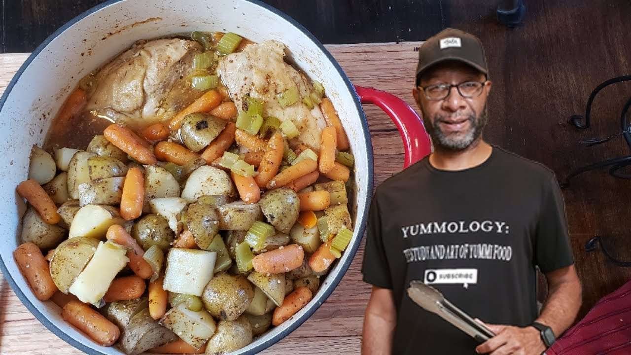 Easy 1 pot whole chicken and veggies baked Dutch Oven recipe