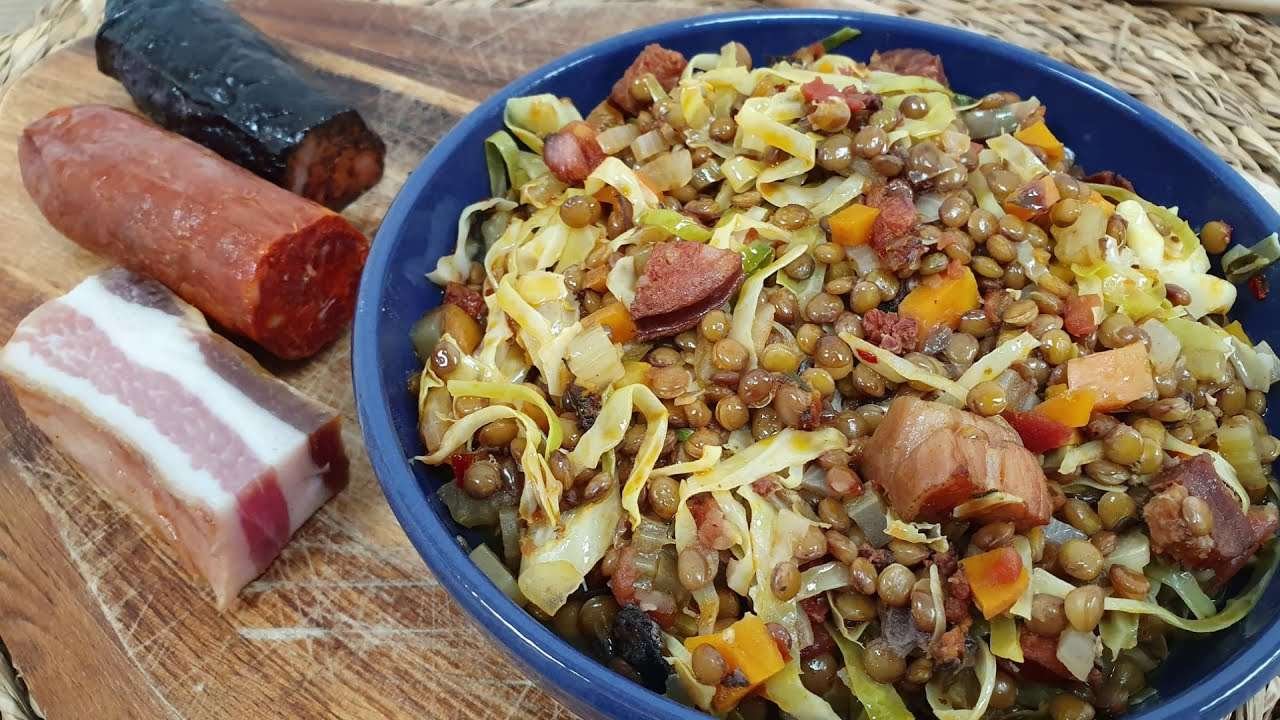A delicious winter Soup of Smoked Asturian Meats, Lentils and Cabbage