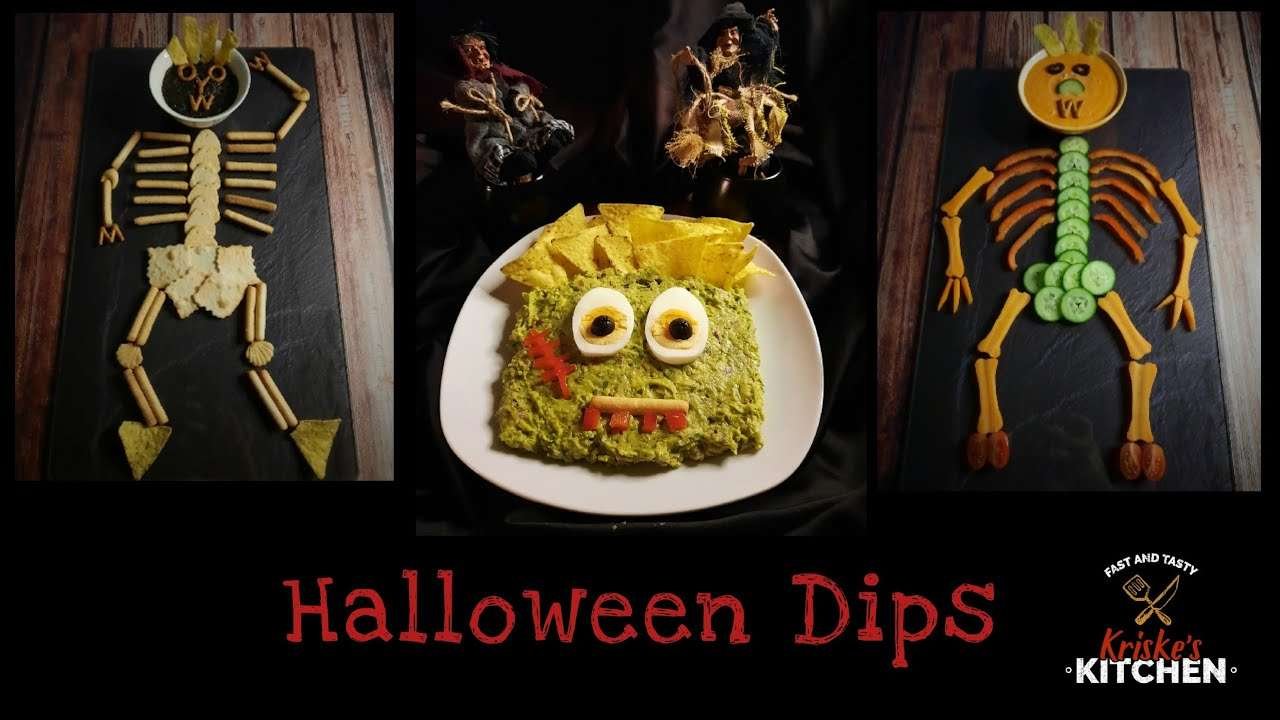 Halloween Dips – Olive Dip Cracker Skeleton – Guacamole Frankenstein – Paprika Dip Veggie Skeleton