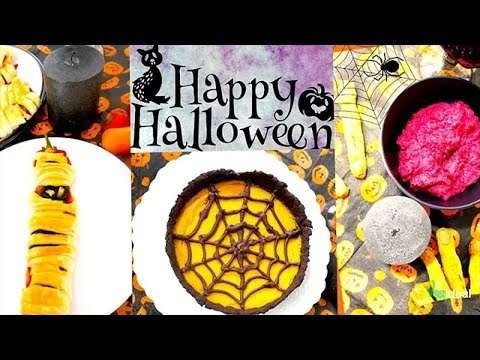 Halloween vegan menu.  Cheesy witch fingers, bloody hummus, peppers mummies, pumpkin chocolate cake