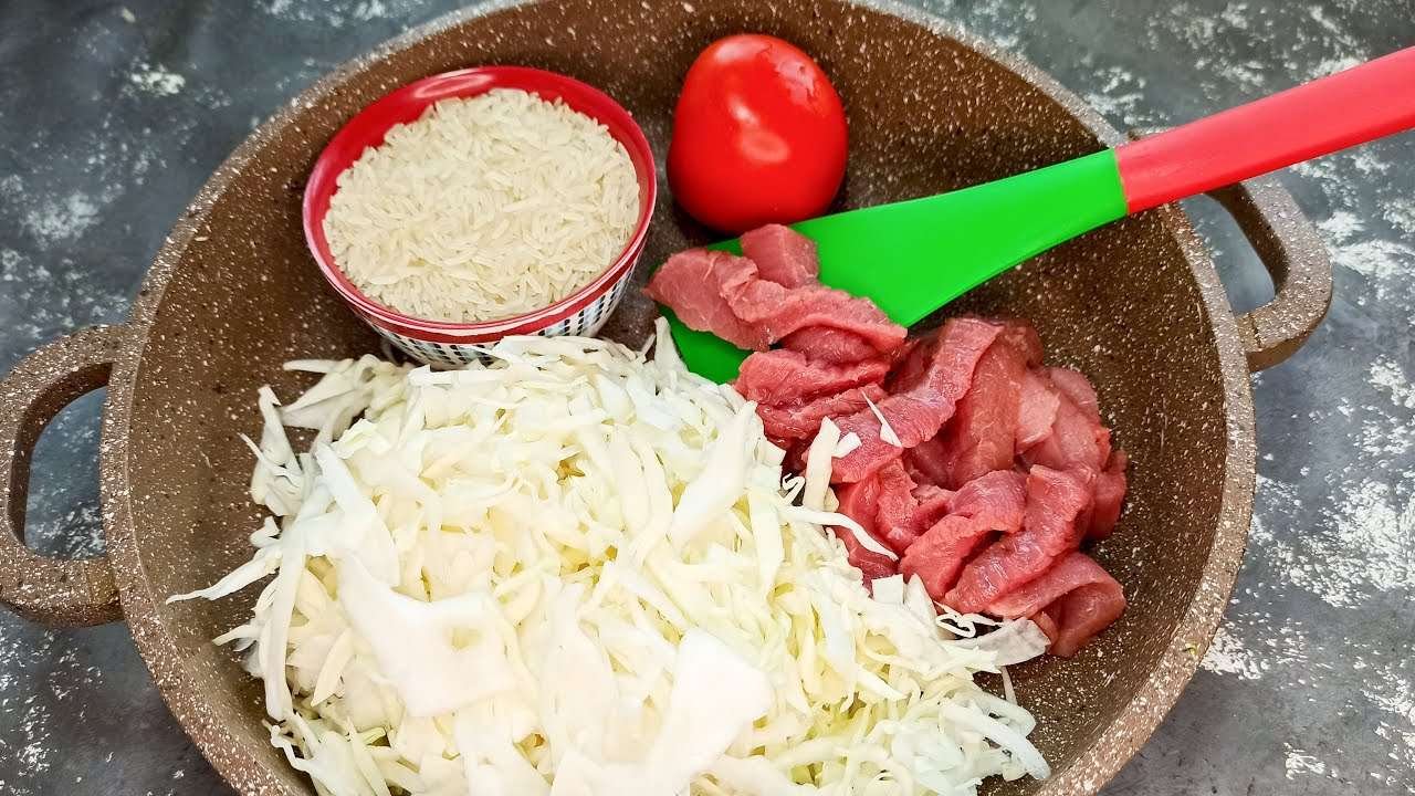Нарезаю Капусту, Мясо и смешиваю с Рисом прямо на сковороде! Вкусный УЖИН из простых продуктов!
