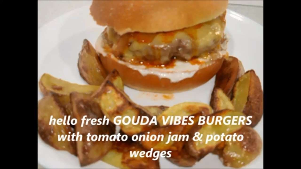 hello fresh GOUDA VIBES BURGERS with tomato onion jam & potato wedges