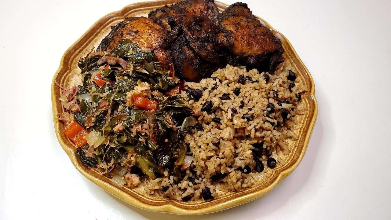 Oven Baked Jerk Chicken |  Collard Greens With Smoked Turkey Tails | Black Beans and Rice