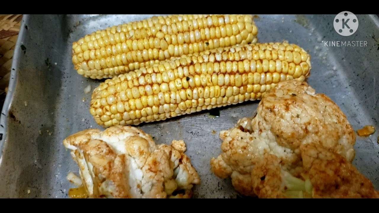 Spinach stuffed eggplant  bake cauliflower & corn