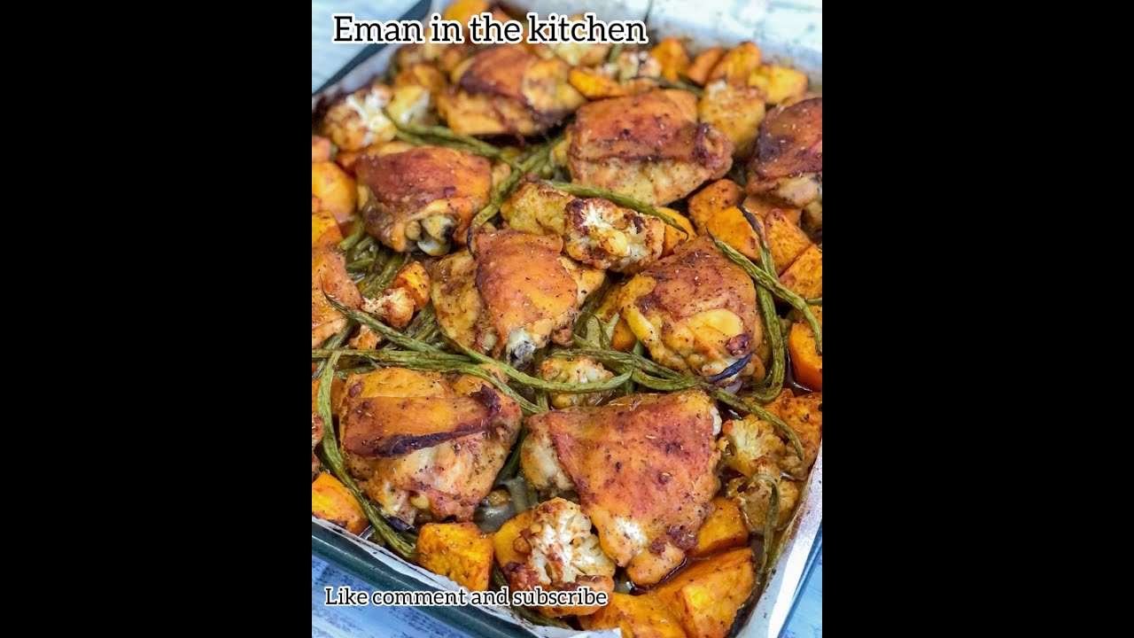 Oven roasted chicken thighs with vegetables