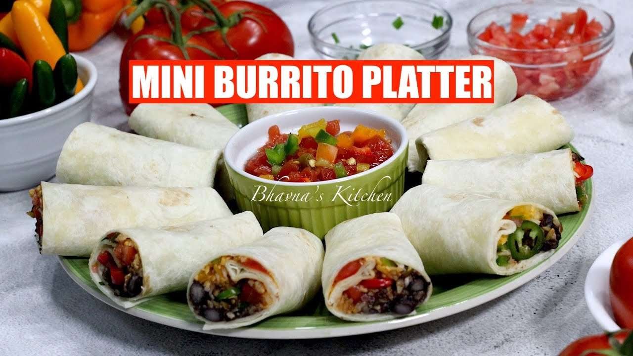 Mini Burrito Platter Video Recipe Black Beans Rice Taco Seasoning Sauce Salsa Bhavna'sKitchen
