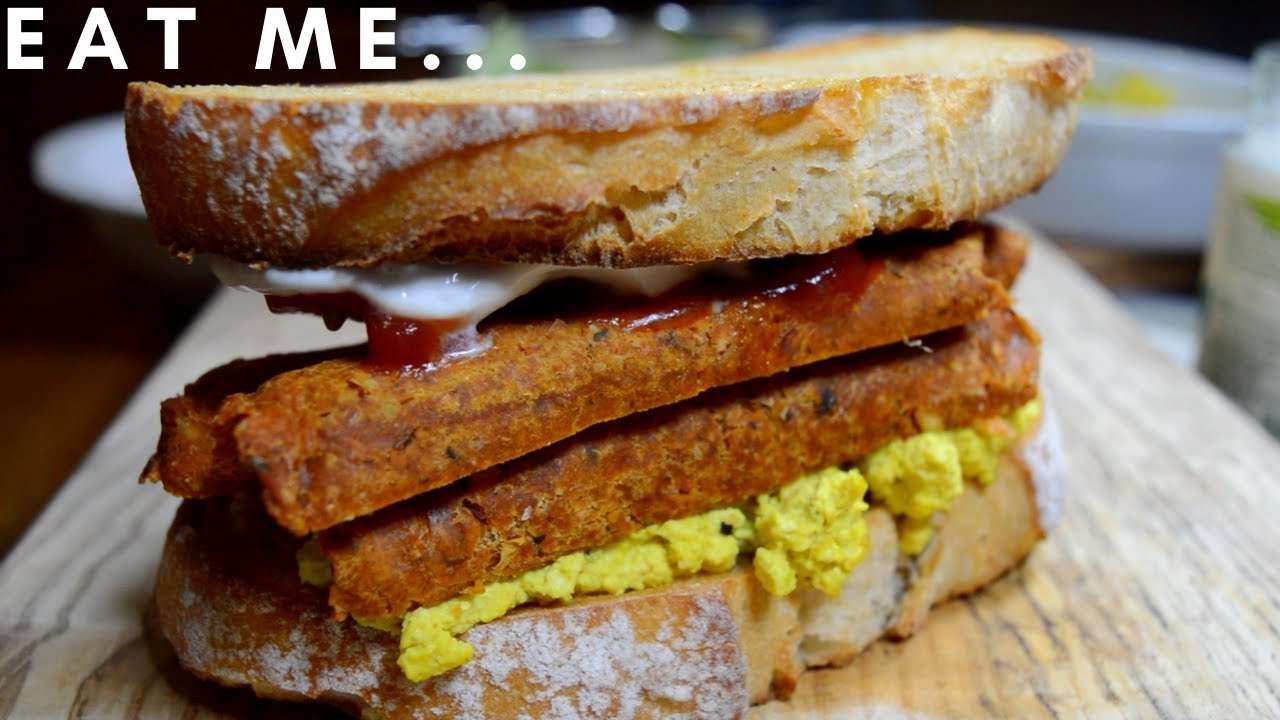 the most satisfying VEGAN SAUSAGE SANDWICH 👀 with scrambled tofu