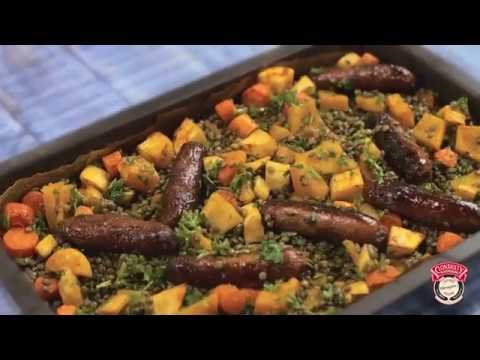 Clonakilty Blackpudding Sausage, Roasted Veg and Lentil Bake Recipe Video