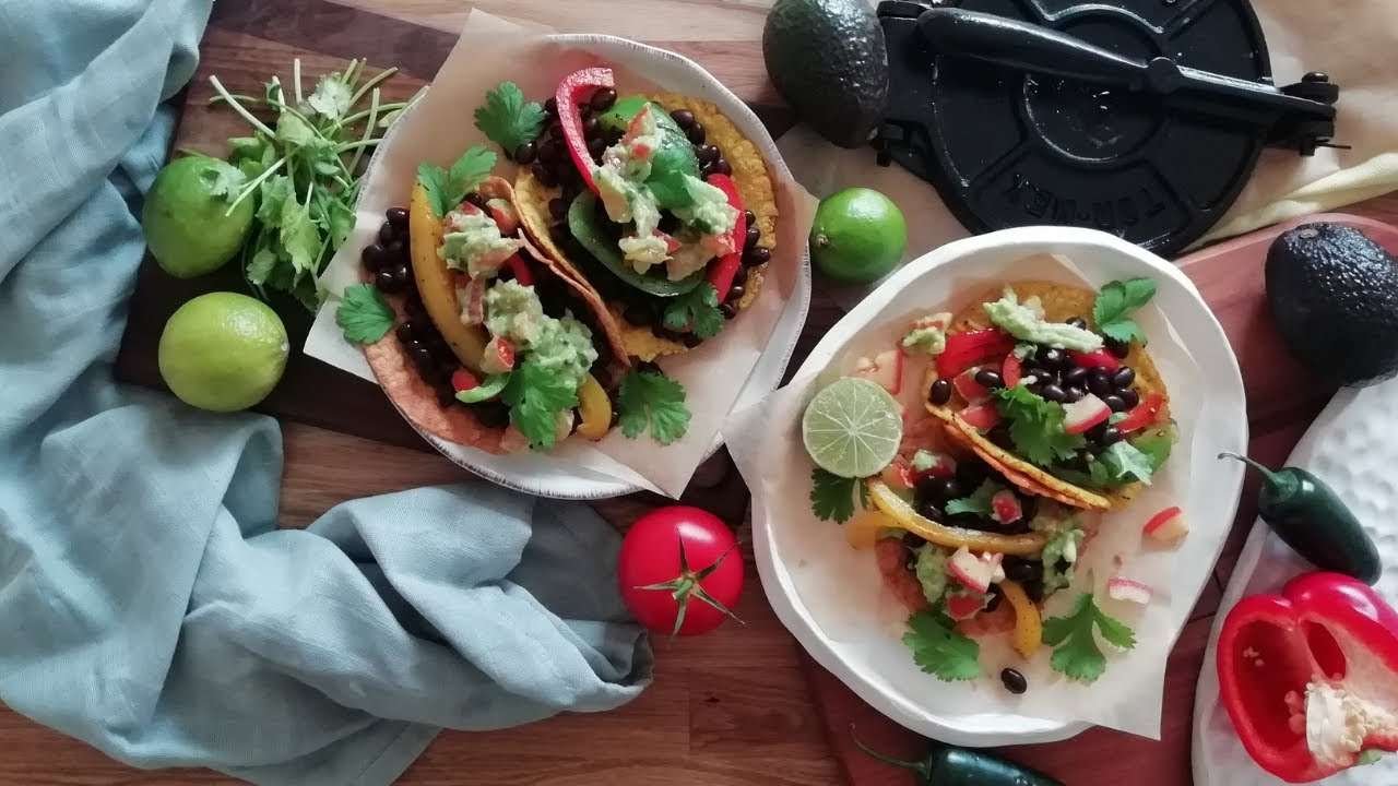 Vegan Taco recipe | Black Bean & bell pepper taco | How to make homemade Taco shells and guacamole |
