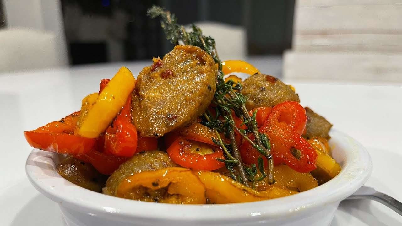 Vegan Sausage with Sweet Peppers and Garlic Sautéed