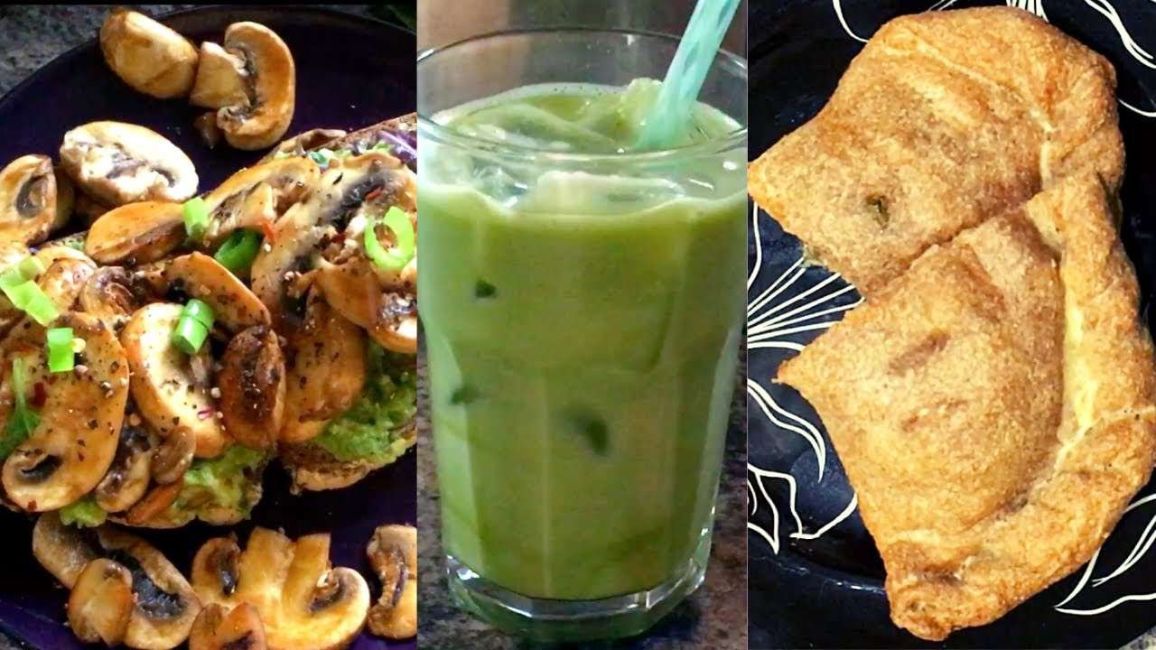 Mushroom Avocado Sourdough Toast / Iced Green Tea Matcha Latte / Vegetarian Calzone