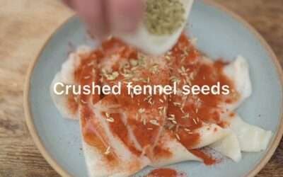 New potatoes with garlic, lemon, smoked paprika and seared squid