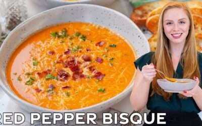 Creamy & Smoky Roasted Red Pepper Bisque Recipe | with bacon & parmesan cheese!