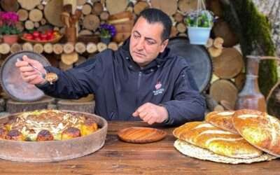 Huge Baked Stuffed Cabbage with Potatoes and Freshly Baked Homemade Bread