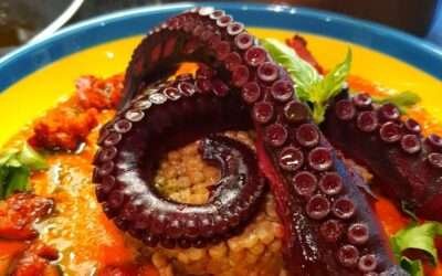 Spanish octopus and chorizo picante with smoked paprika & tomato sauce and giant couscous