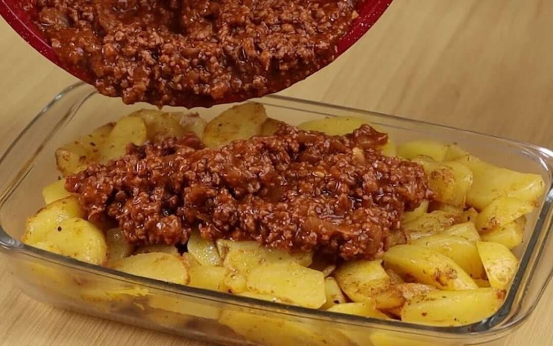 Just pour the beef mince over the potatoes! Easy and delicious recipe!