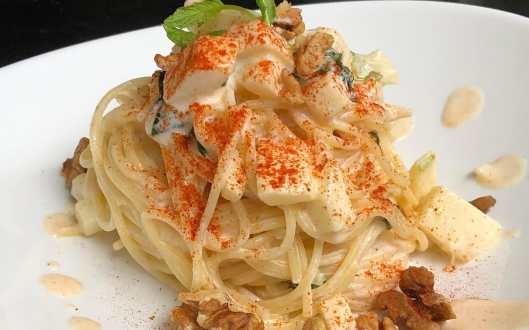 Salad dressing recipe, Pasta recipe with; yogurt, smoked paprika, sour apples, mint leaves, oil.