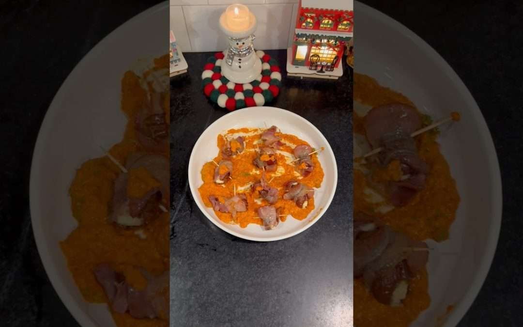 Hot Honey Bacon Wrapped Dates With Romesco Dipping Sauce – see description for full recipe!